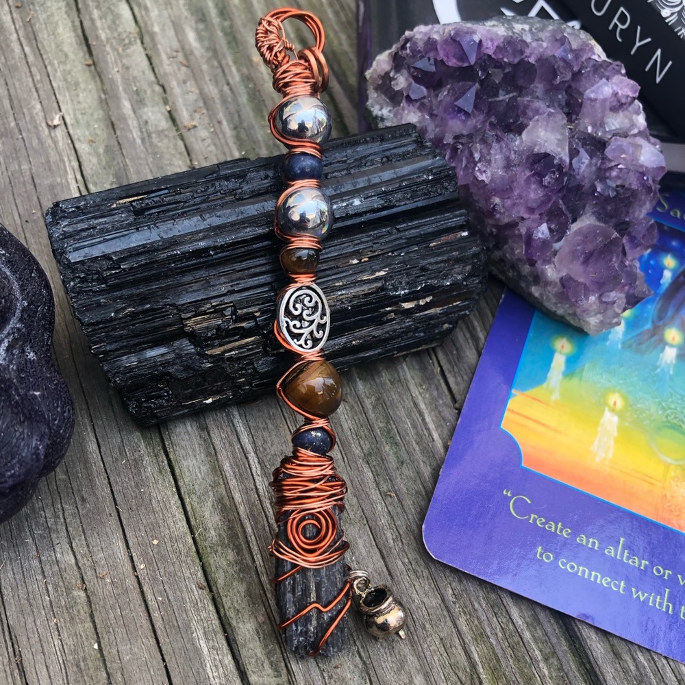 Wire Wrapped Black Kyanite Witch’s Broom Necklace